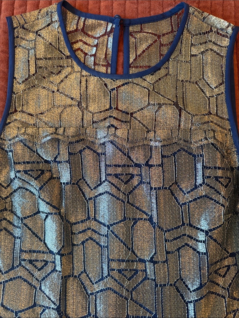 J. CREW COLLECTION Deco Shirt in Metallic French Lace (Gold & Navy) - Picture 2 of 9